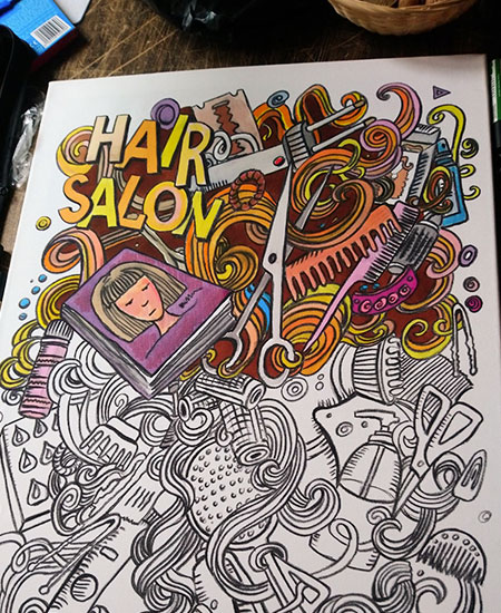 Work-in-progress du tableau en doodle-art sur le thème de la coiffure : pose de couleurs