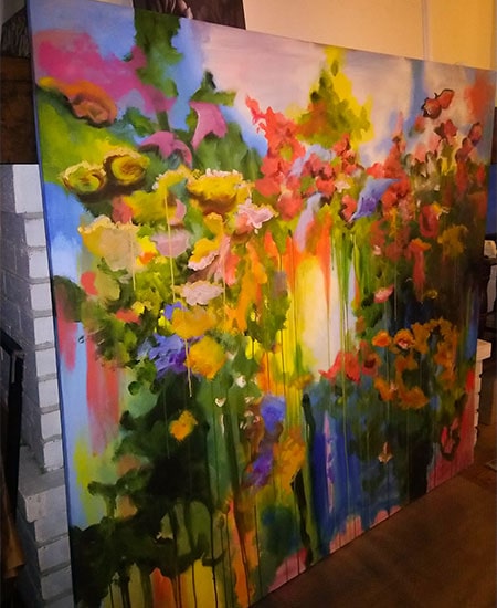 Peinture de fleurs très colorés sur la toile totale récup'