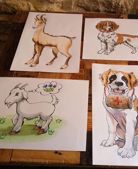 Quatre dessins d'animaux : biquette, chien, chèvre et chien St Bernard