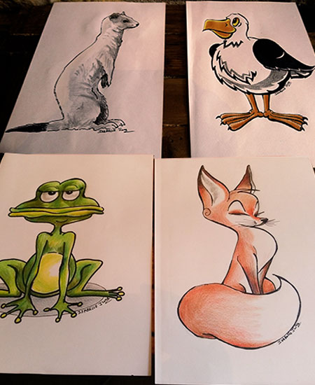 Quatre dessins d'animaux : suricate, goéland, grenouille et renard